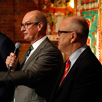 AFL 2016 Media - China Match Announcement MELBOURNE, AUSTRALIA - OCTOBER 26: (L-R) AFL CEO Gillon McLachlan, Power President David Koch and Suns Chairman Tony Cochrane address the media during an AFL press conference announcing the first AFL match for premiership points in China between Port Adelaide and Gold Coast at The Chinese Museum Melbourne, Australia on October 26, 2016. (Photo by Michael Willson/AFL Media)